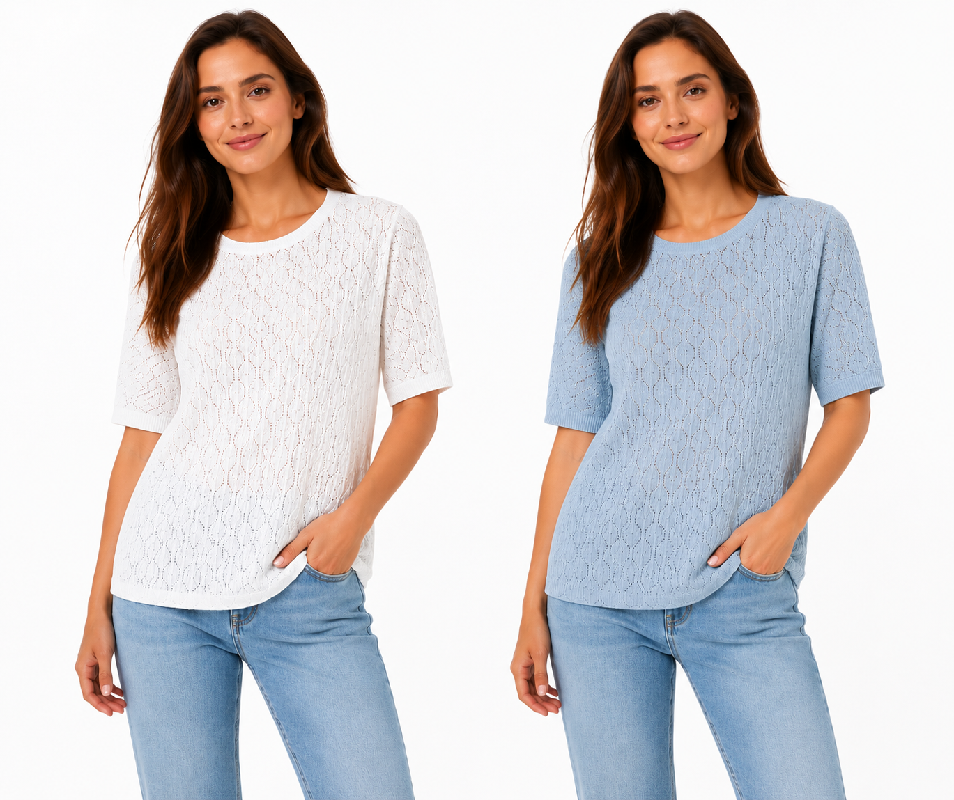 بافت زنانه نخی آژور اسمارا Esmara مدل Short Sleeve Ajour Jumper آبی روشن