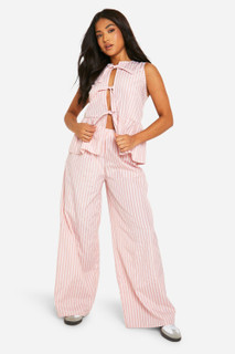ست تاپ پاپیوندار و شلوار زنانه برند بوهو (Boohoo) طرح راهراه صورتی