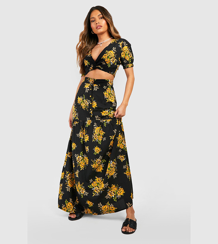 ست کراپ آستین دار و دامن زنانه طرح گل زرد مشکی Boohoo