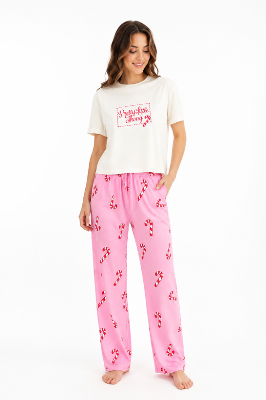 ست پیژامه کراپ و شلوار طرح کریسمس بوهو (Boohoo) رنگ صورتی شکری